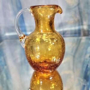 AMBER Blown Crackle MCM Vintage Collectible Art Glass Pitcher 4.25"
